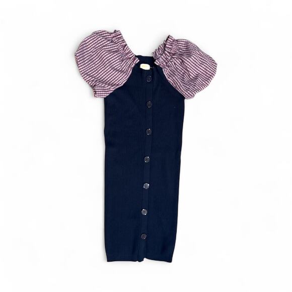 MAEVE ANTHROPOLOGIE Navy Ribbed Knit Mini Puff Gingham Short Sleeve Dress SZ S - Picture 3 of 4